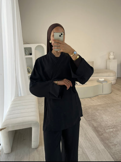Black kimono top and trouser co-ord
