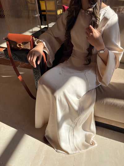 Beige satin dress with tie back belt