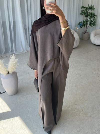 Taupe asymmetrical top and trouser set (TALL)