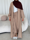 Taupe crepe open abaya with wrap tie skirt