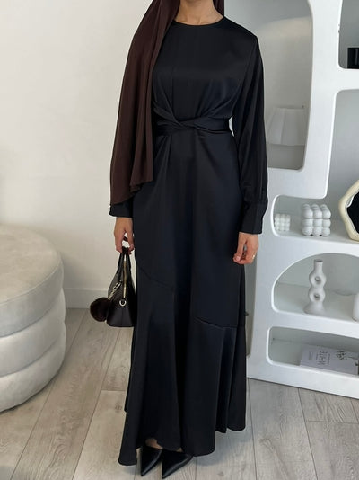 Black silk tie back black dress