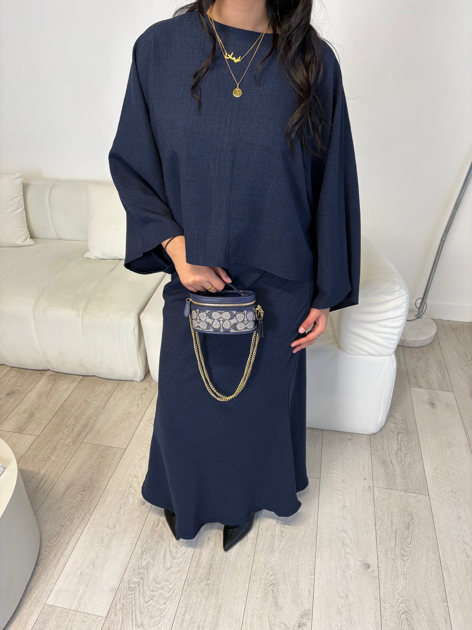 Navy cape top and skirt set