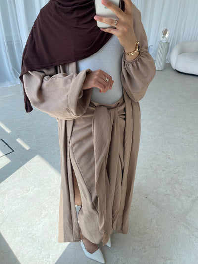 Taupe crepe open abaya with wrap tie skirt