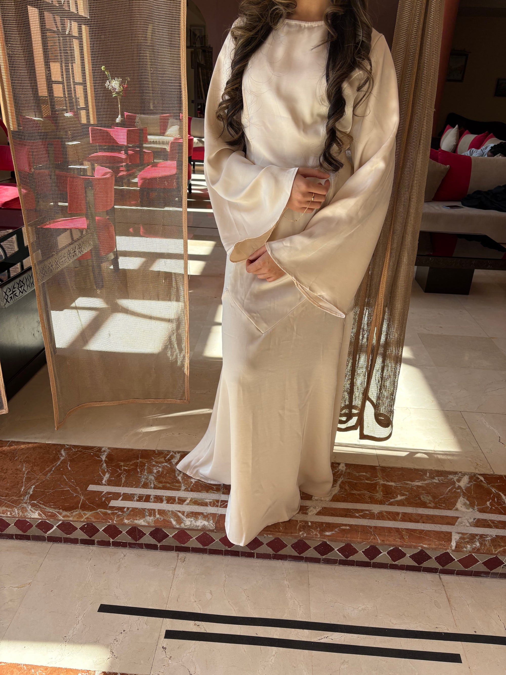 Beige satin dress with tie back belt