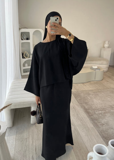 Black cape top and skirt set