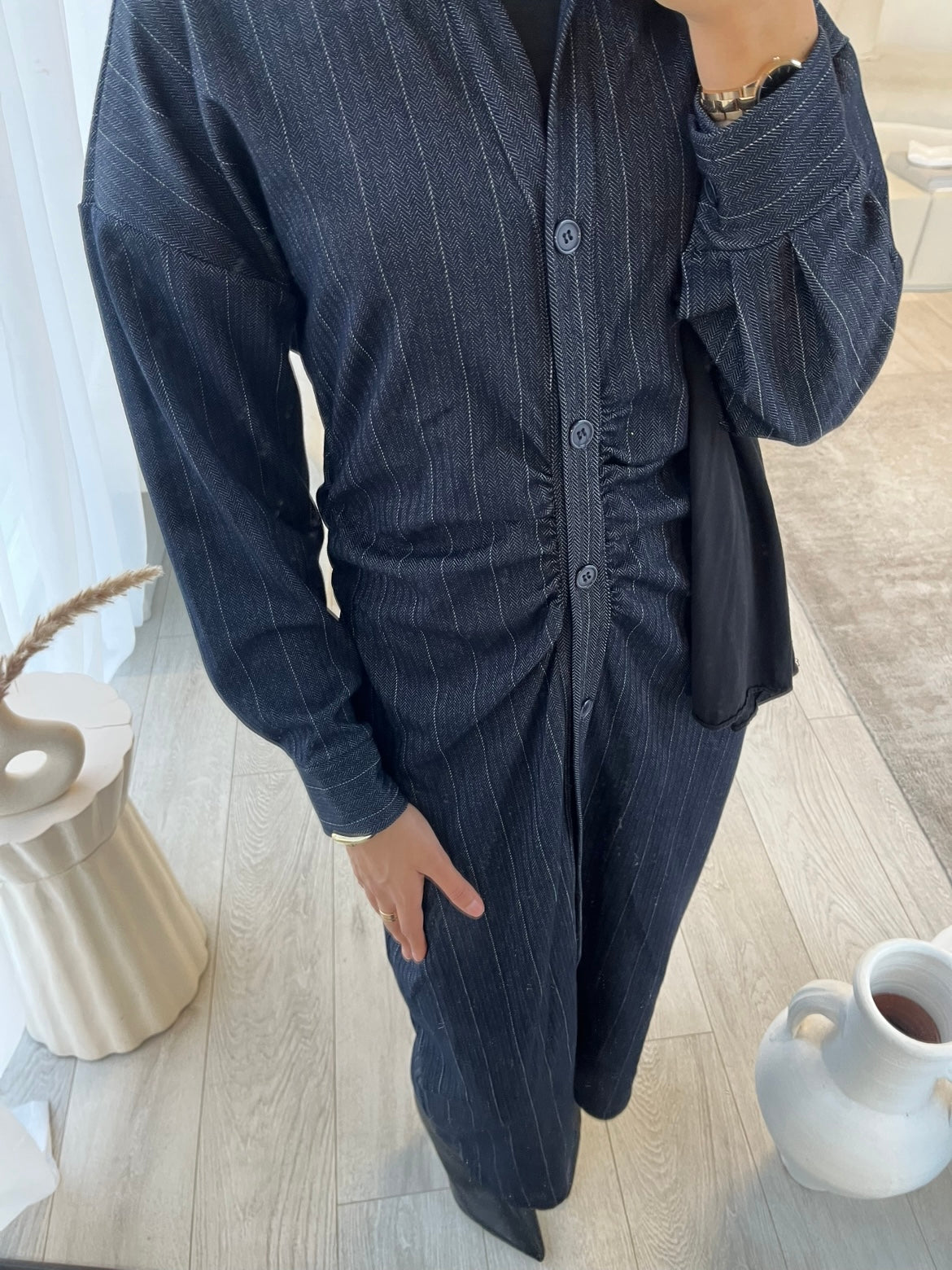 Navy striped denim dress
