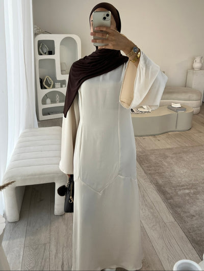 Beige satin dress with tie back belt