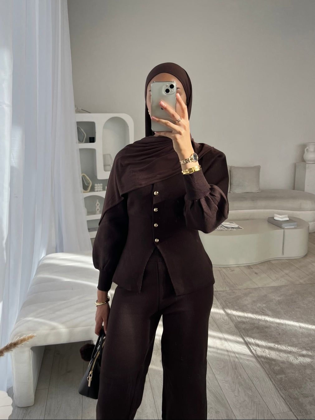 Brown balloon sleeve cardigan and wide leg trouser set