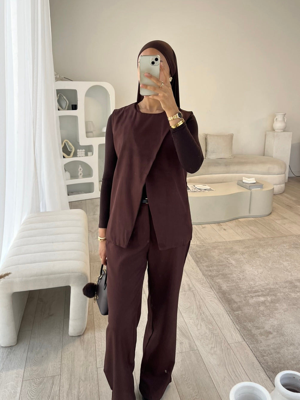 Brown sleeveless blazer and trouser set (TALL)