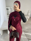 Burgundy sleeveless cardigan and wide leg trouser set