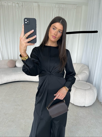 Satin tie back black dress