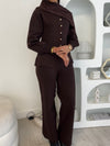 Brown balloon sleeve cardigan and wide leg trouser set