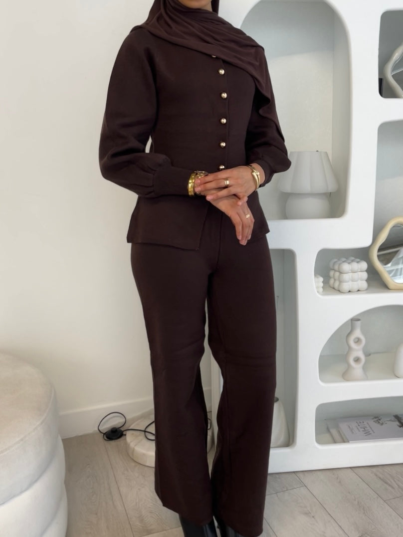 Brown balloon sleeve cardigan and wide leg trouser set