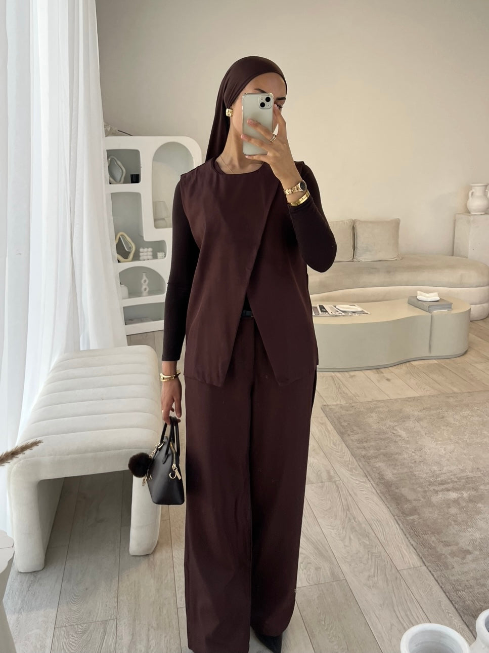 Brown sleeveless blazer and trouser set (TALL)