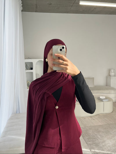 Burgundy sleeveless cardigan and wide leg trouser set