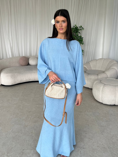 Baby blue cape top and skirt set