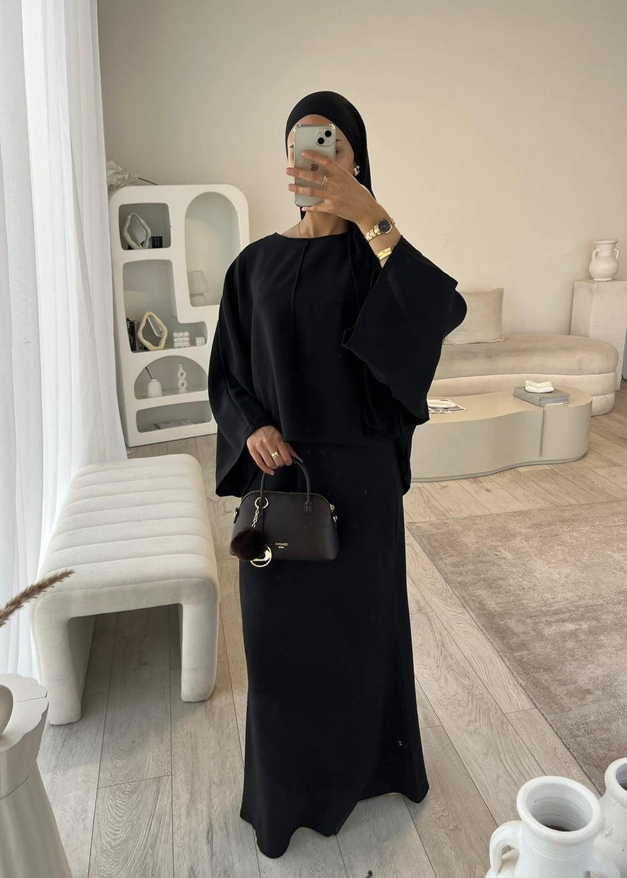 Black cape top and skirt set