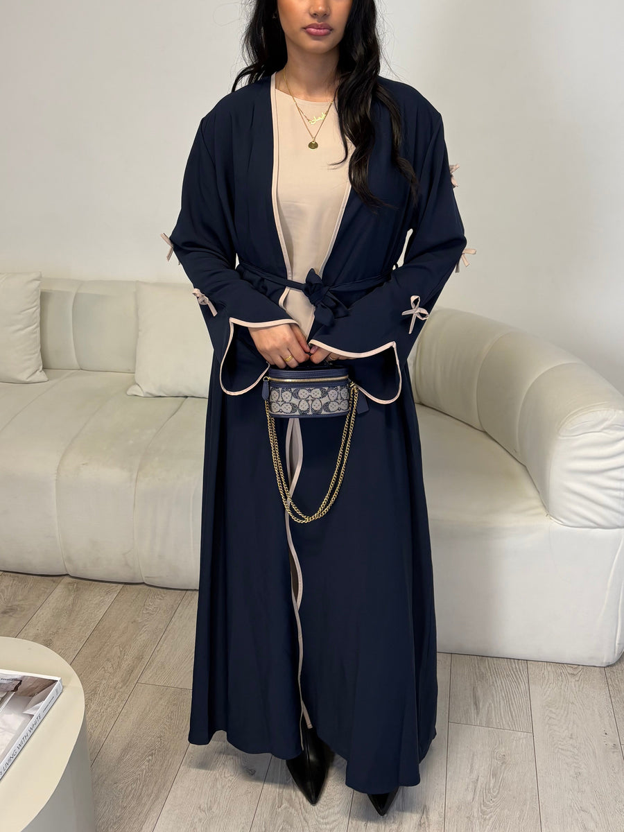 Navy bow sleeve open abaya