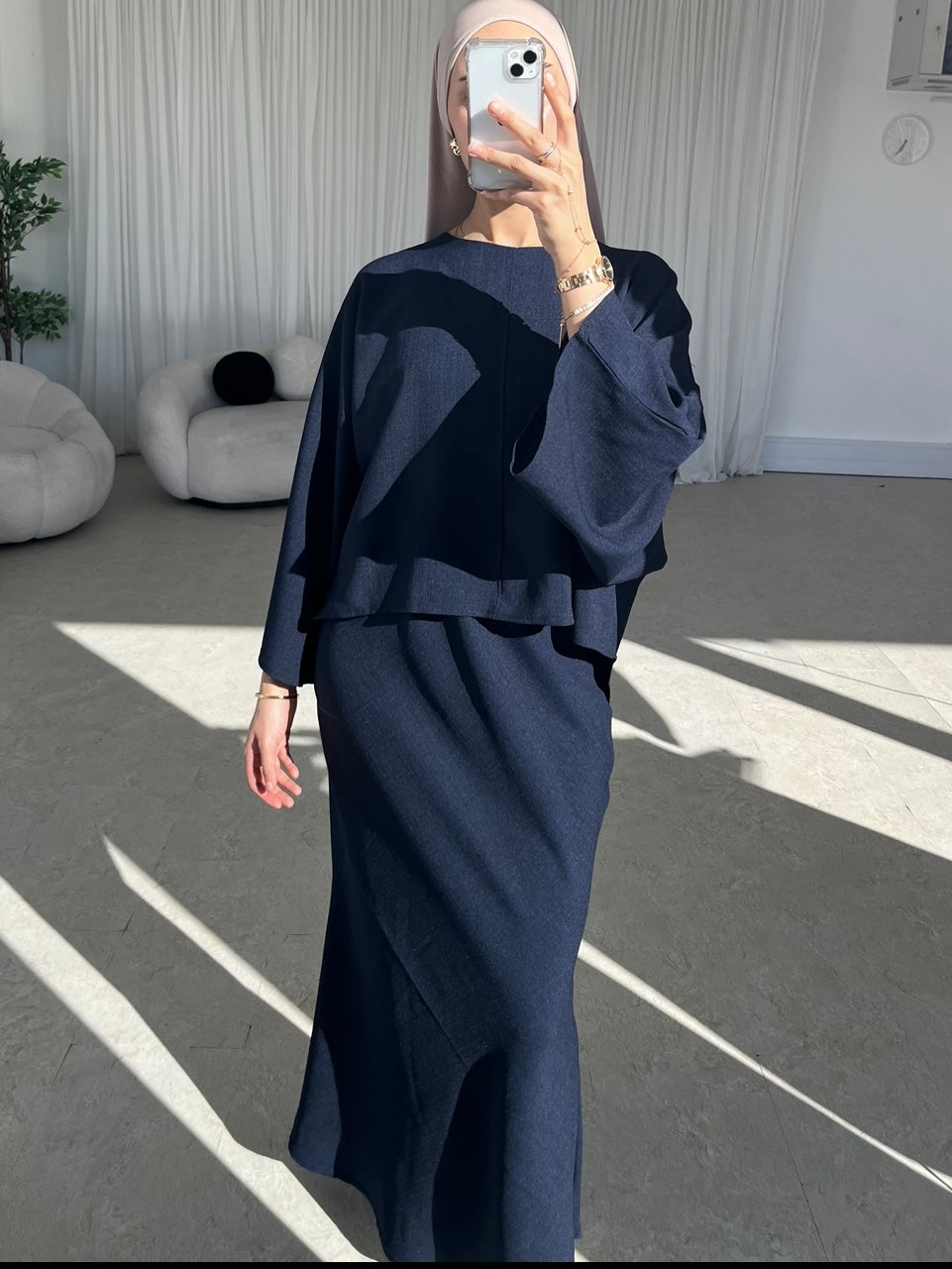 Navy cape top and skirt set