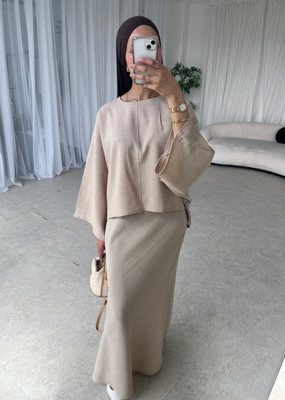 Beige cape top and skirt set