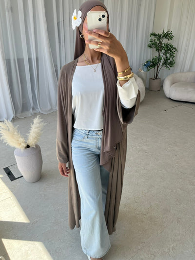 Taupe ribbed open abaya