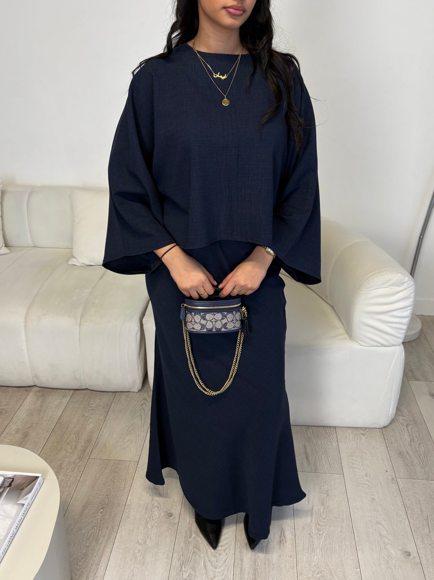Navy cape top and skirt set