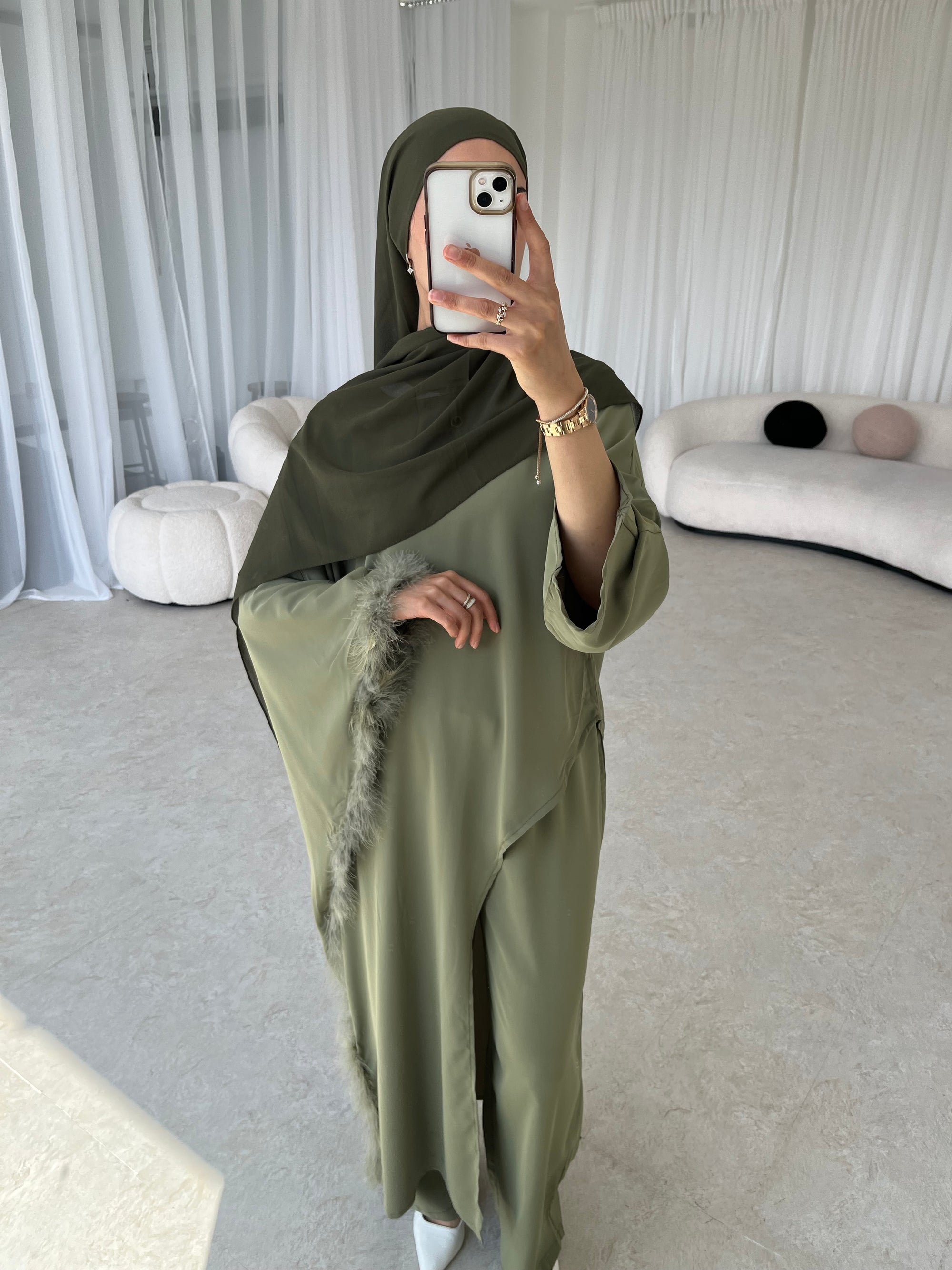 Khaki feather sleeve asymmetrical set