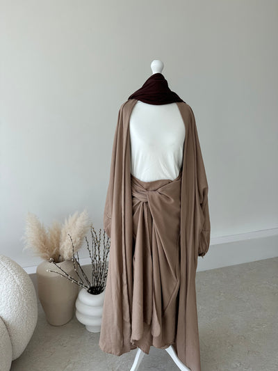 Taupe crepe open abaya with wrap tie skirt