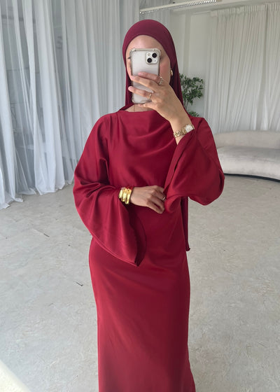Red satin split belle sleeve dress