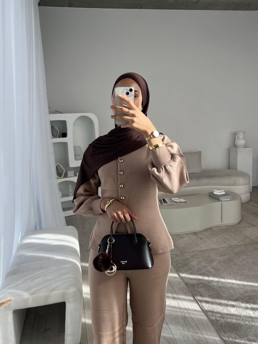 Beige balloon sleeve cardigan and wide leg trouser set