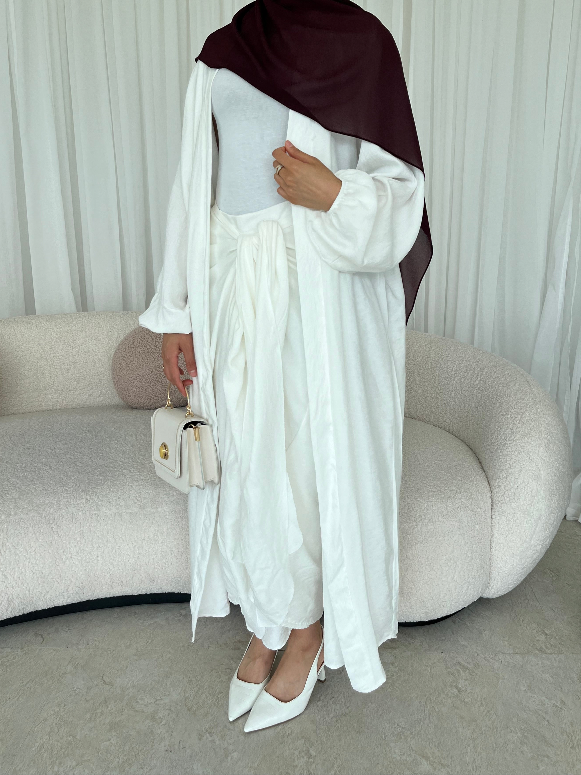 White open crepe abaya with wrap skirt