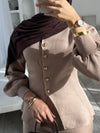 Beige balloon sleeve cardigan and wide leg trouser set