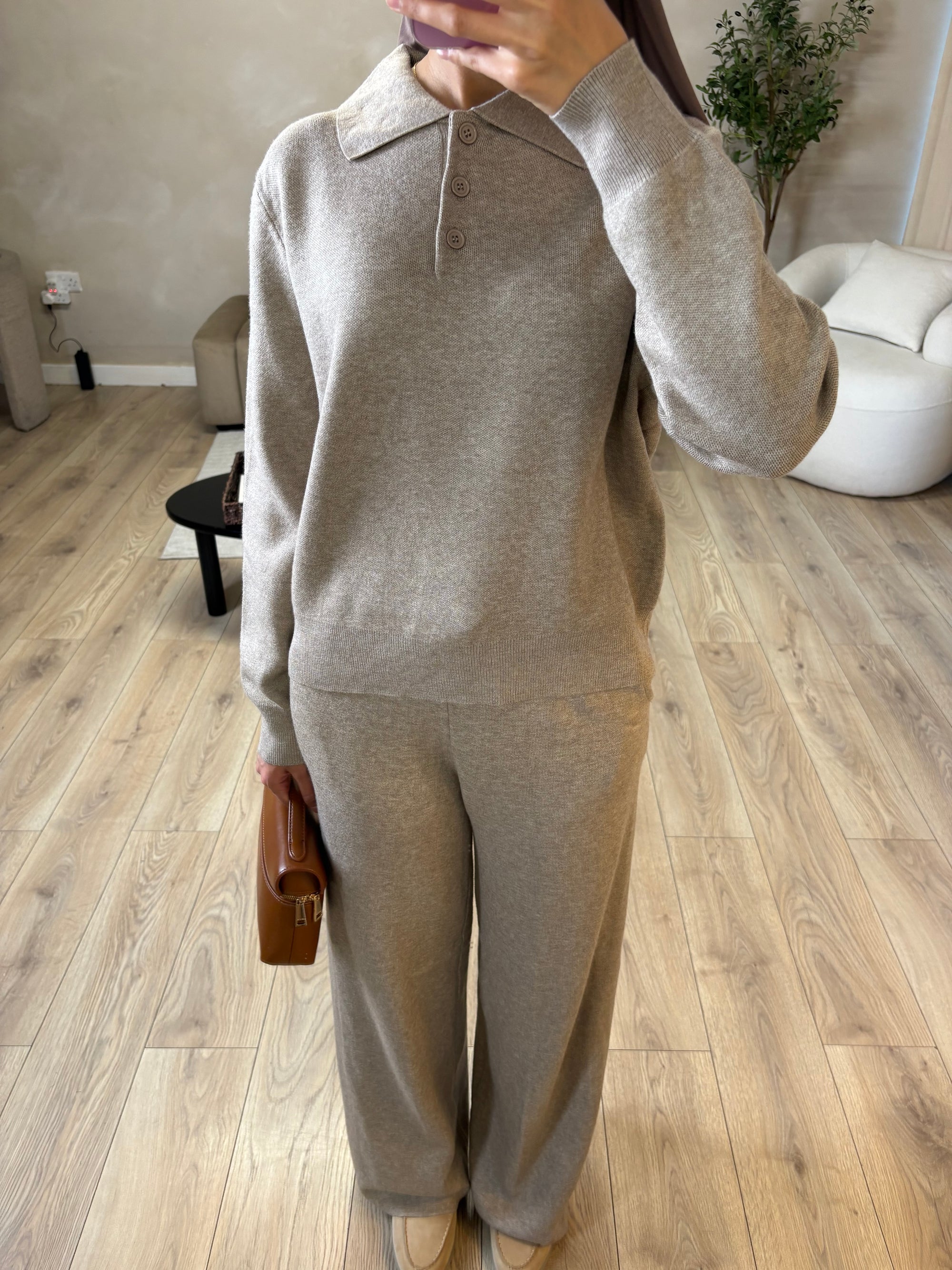 Taupe luxe knit polo set