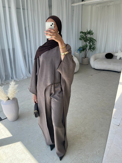 Taupe asymmetrical top and trouser set (TALL)