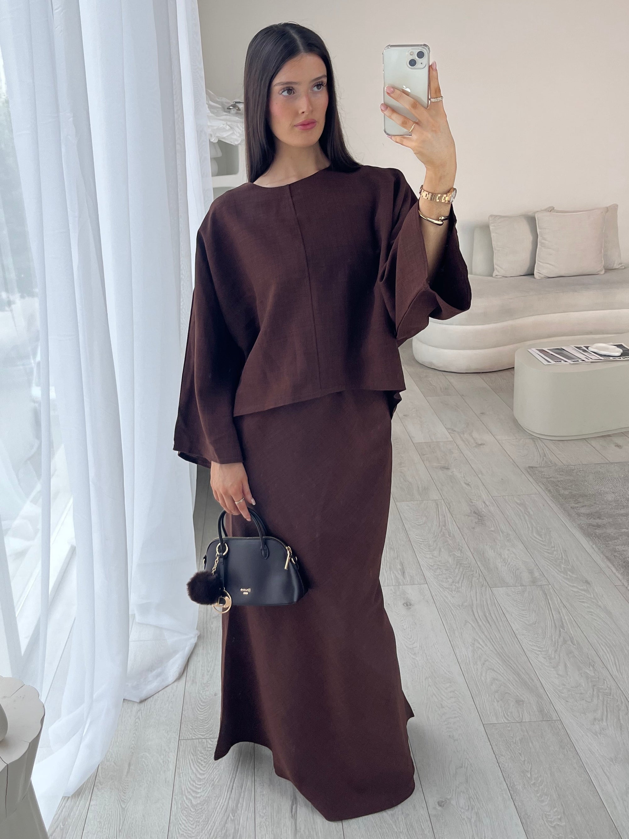 Brown cape top and skirt set