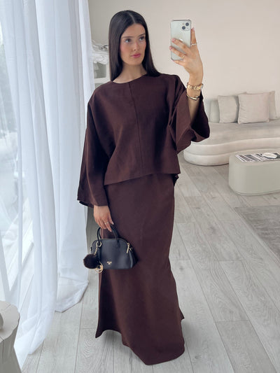Brown cape top and skirt set