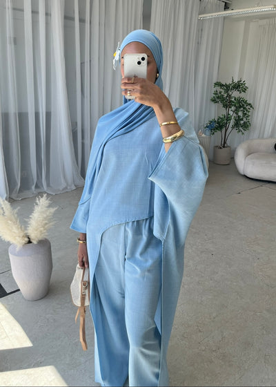 Baby blue asymmetrical top and trouser set (TALL)
