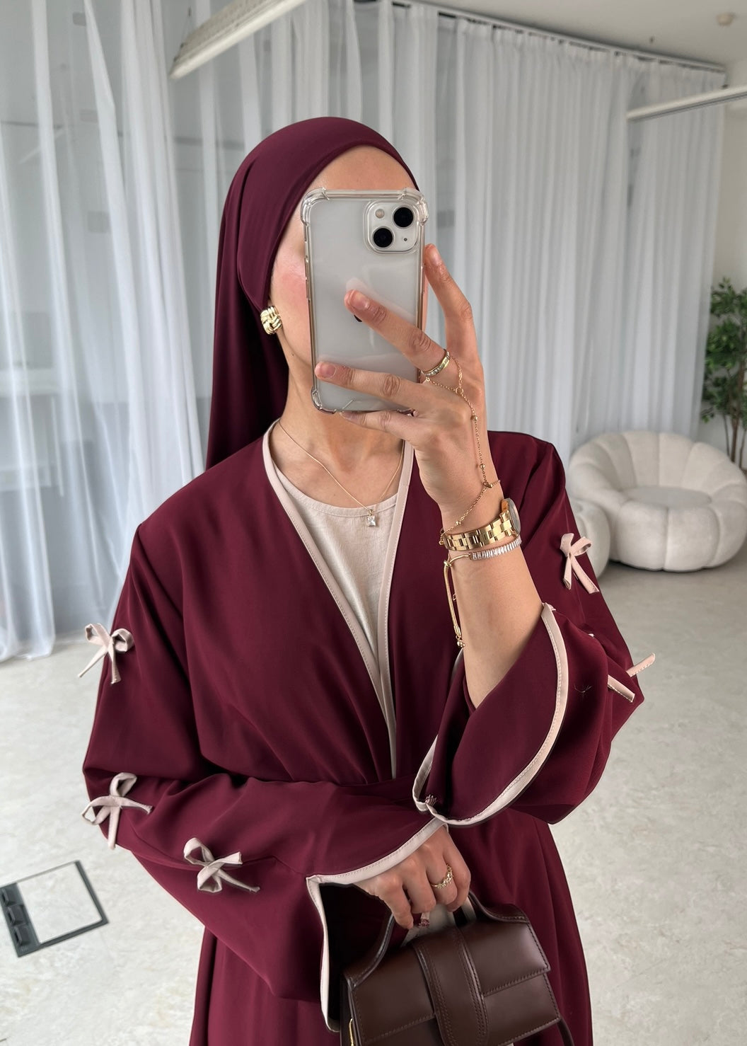 Burgundy bow abaya