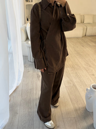 Brown side tie denim set