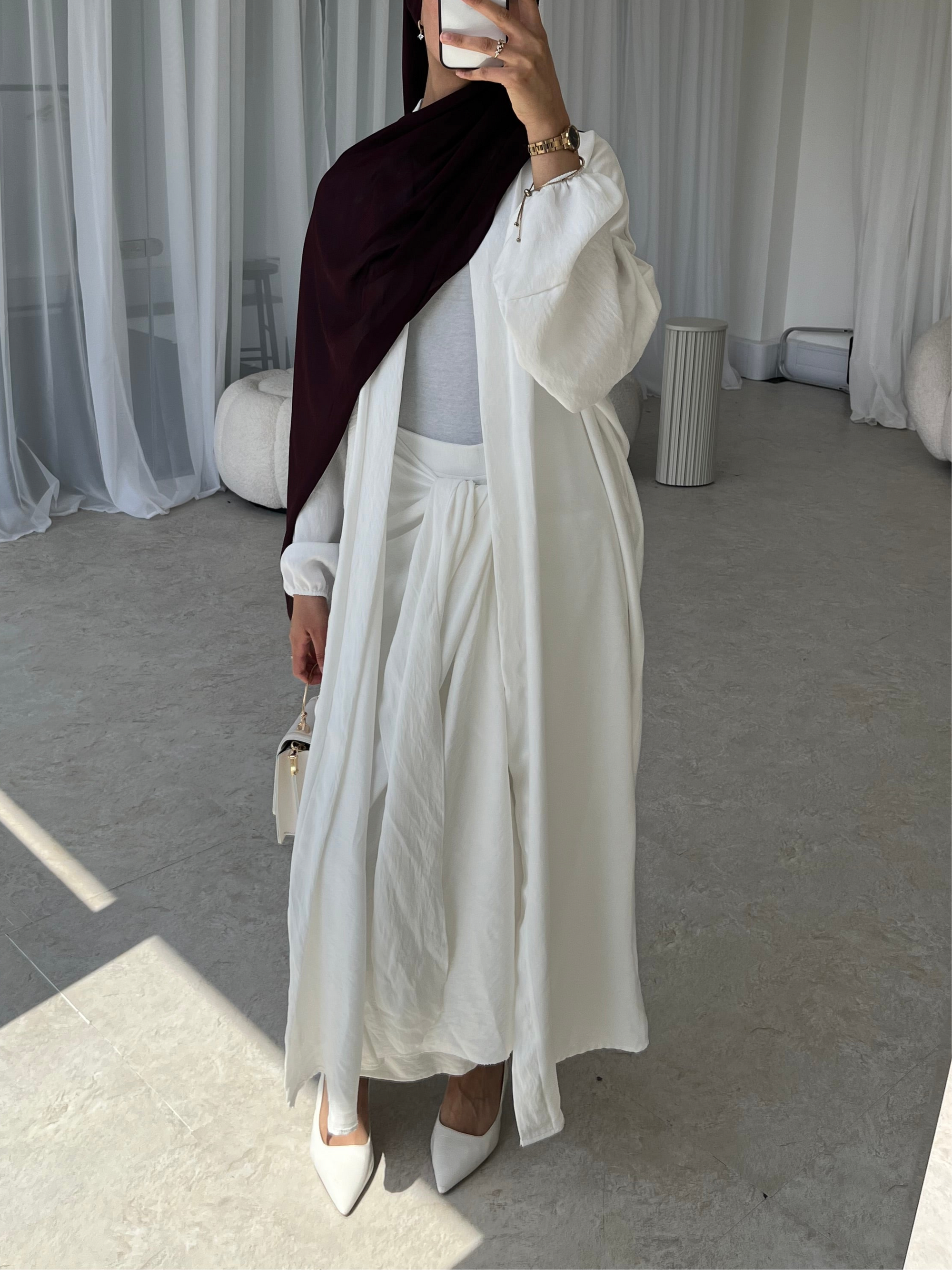 White open crepe abaya with wrap skirt