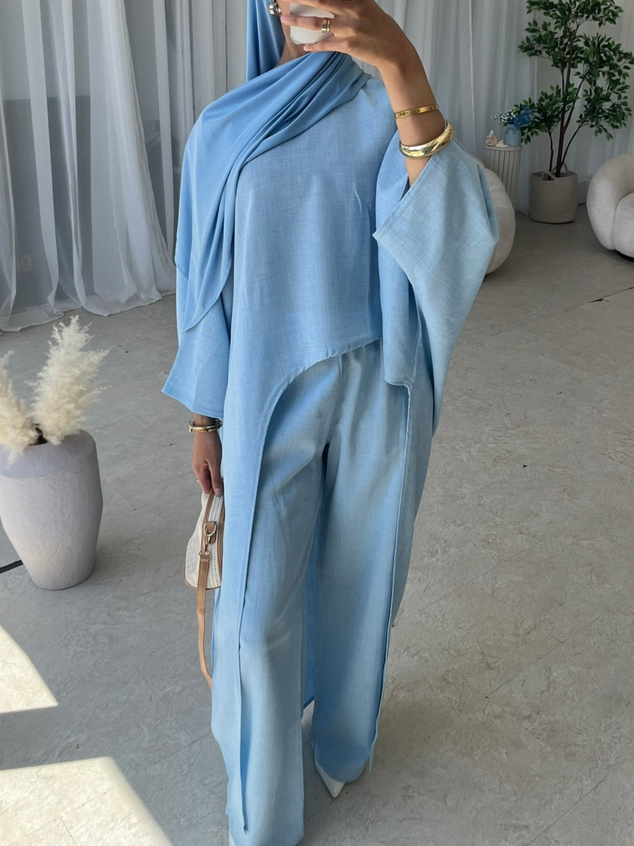 Baby blue asymmetrical top and trouser set (TALL)