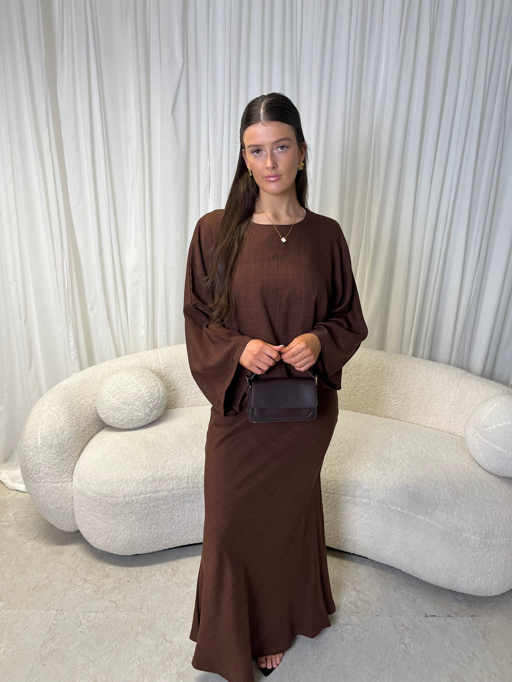 Brown cape top and skirt set