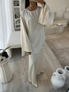 Beige satin dress with tie back belt
