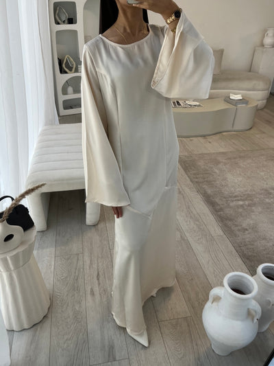 Beige satin dress with tie back belt