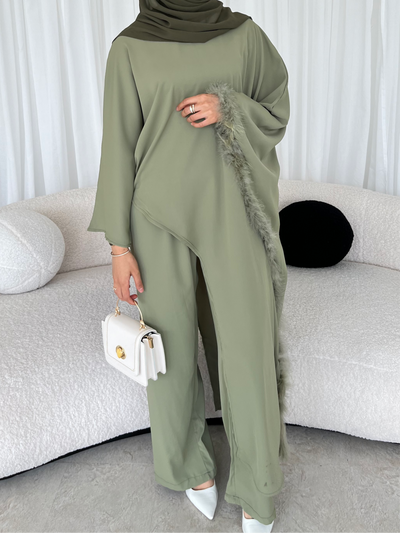 Khaki feather sleeve asymmetrical set