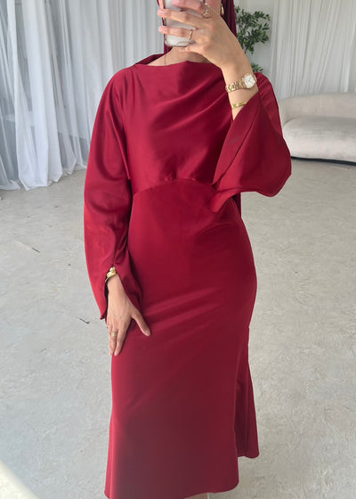 Red satin split belle sleeve dress