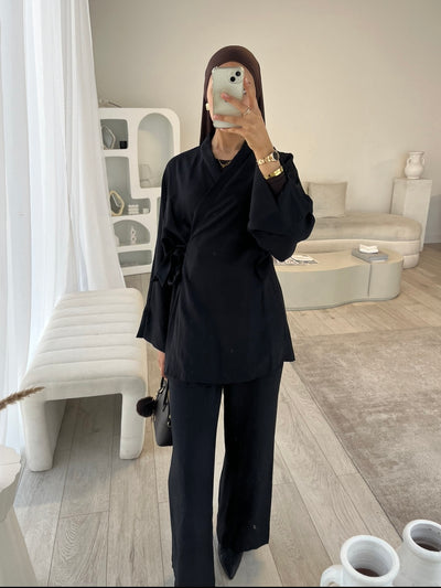 Black kimono top and trouser co-ord