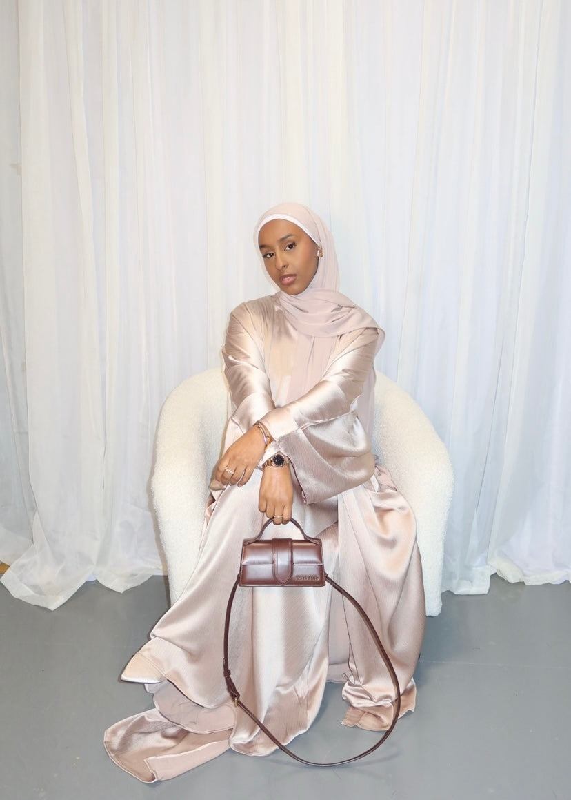 Champagne open abaya and slip dress