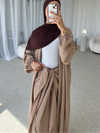 Taupe crepe open abaya with wrap tie skirt