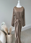 Mauve/ Beige wrap modest evening dress